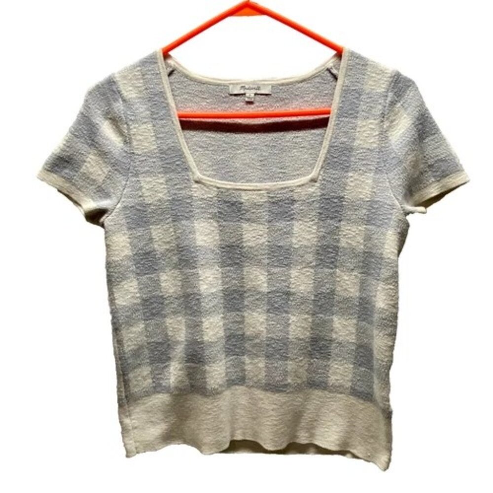 Madewell Square Neck Crop Sweater Top Women's Small Natural Gray Gingham GUC